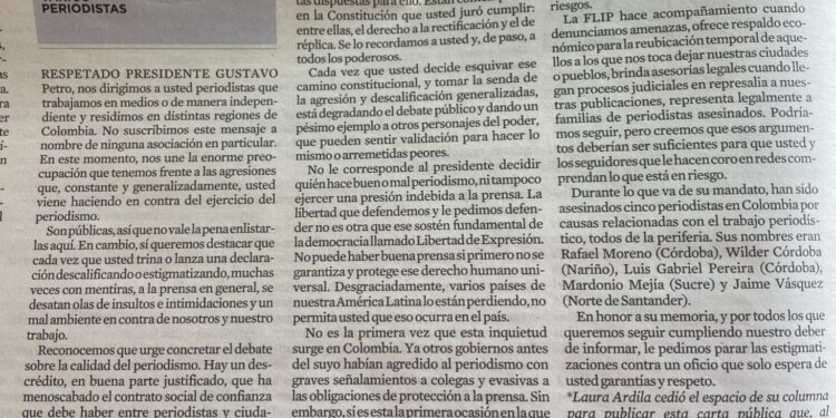 Periodistas de Colombia dirigen una carta abierta al presidente Petro sobre el respeto a la libertad de prensa. 